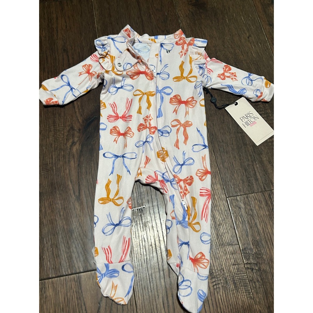 Paris Hilton Girls Watercolor Bow Print Footed Sleeper Pink Blue 0-3M NWT